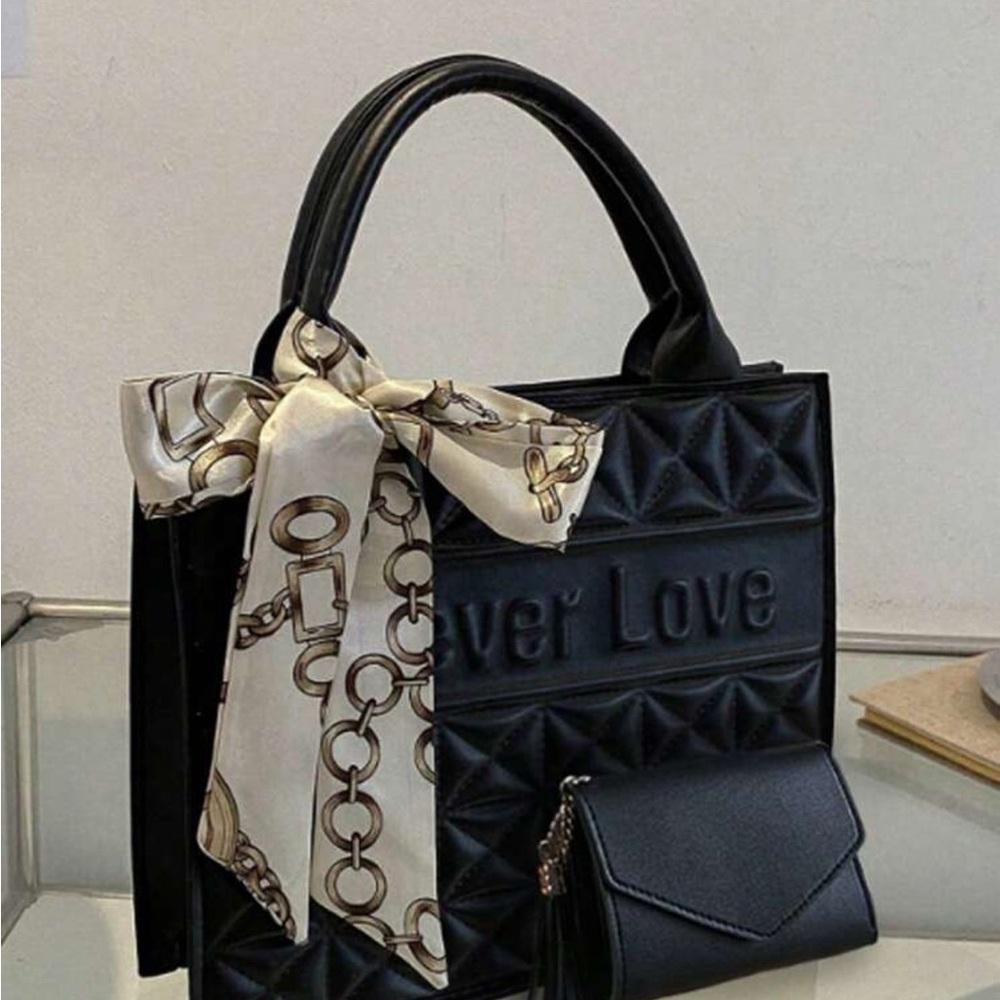 Othr Black Quilted Tote with Chain Scarf